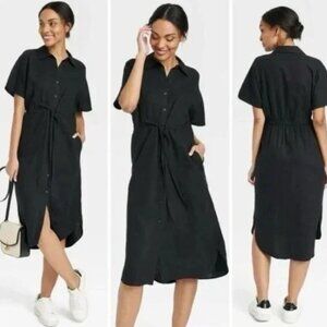 Black Linen Button Down Midi Dress XS